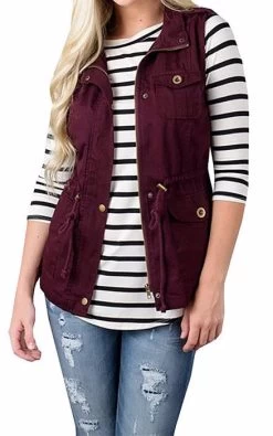Womens Lightweight Sleeveless Military Anorak Cargo Vest No Hood-Wine Red