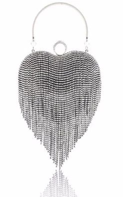 Beakey Women Luxury Heart Shape Tassel Evening Clutch Bag Rhinestones Wedding Party Purse-Black