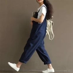 Womens Casual Overalls Baggy Wide Leg Loose Rompers Jumpsuit With Pocket-Blue -Madam Clothing Store 53254a75392106509471f89d0c9ecfb7
