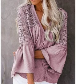 Beakey Womens V-neck Lace Crochet Shirt Flare Sleeve Buttoned Blouses-Pink -Madam Clothing Store 55407d733602b09135ad40270f1450d3
