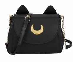 Beakey Moon Luna Cat Purses Pu Leather Shoulder Messenger Bag-Black
