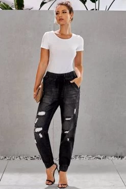 Azura Exchange Black Distress Drawstring Pocketed Joggers L -Madam Clothing Store 59641598c7016089417885bc5bfe8c25