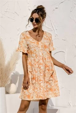 Anette Women's Short Sleeve Polka Dot Print Breasted Pocket Dress - Orange & Beige Floral Print