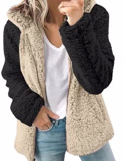 Beakey Womens Fleece Jacket With Pockets Zipper Warm Outerwear-Khaki