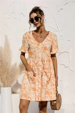 Anette Women's Short Sleeve Polka Dot Print Breasted Pocket Dress - Orange & Beige Floral Print -Madam Clothing Store 5c3785be 9ece 4558 b5b6 f5e5f67e4aaa