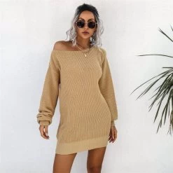 Beakey Womens Autumn Winter Off Shoulder Casual Loose Sweater Dress-Khaki -Madam Clothing Store 5d400d24e416e6acb7e06448af37e08a