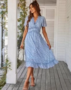 Luna Tuccini Women's V-Collar, Short Sleeves, Print Dress-Blue & Flower Print -Madam Clothing Store 5e5741b9 365a 46d7 b1cc fcf75cb4e2cb