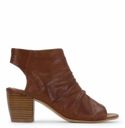 EOS Women's Inclear Italian Leather Open Toe Sandal With Stacked Heel Brandy