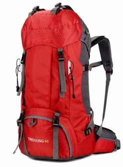 Beakey 60L Waterproof Lightweight Hiking Backpack With Rain Cover For Climbing Camping-Red