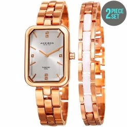 Akribos XXIV Women's Quartz Diamond Rectangular Rose-Tone + Jewelry Bracelet Watch - Rose Gold