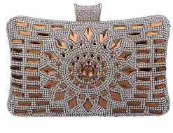 Beakey Women Geometric Diamante Evening Party Clutch Bags-Gold