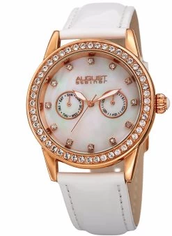 August Steiner Women's Crystal Multifunction Leather Rose-Tone/White Strap Watch - White