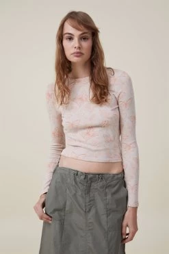 Cotton On Fitted Rib Graphic Long Sleeve Top Beige