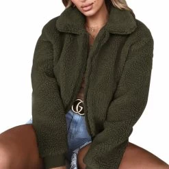 Beakey Womens Sherpa Fleece Jackets Lapel Zip Up Winter Warm Crop Outwear-ArmyGreen