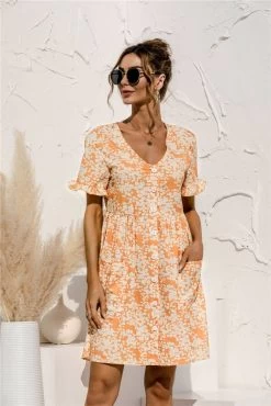 Anette Women's Short Sleeve Polka Dot Print Breasted Pocket Dress - Orange & Beige Floral Print -Madam Clothing Store 66afafa6 0600 4073 a005 e15544f73a5e