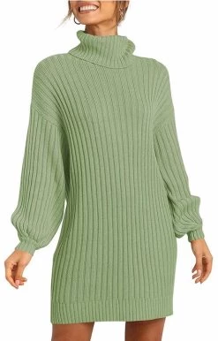 Beakey Womens Turtleneck Loose Sweater Dress Soft Winter Pullover Dress-Green -Madam Clothing Store 66b14cef59aacbb854b8efedbef69d84