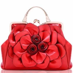 Beakey Womens Rose Flower Evening Clutches Formal Party Totes Shoulder Bag-Red