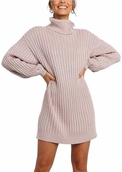Beakey Womens Turtleneck Loose Sweater Dress Soft Winter Pullover Dress-Pink