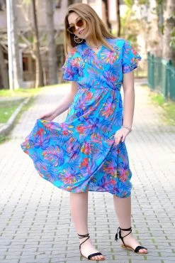 Avorwe Women's Floral Half-Sleeve Suprice Midi Dress - Turquoise