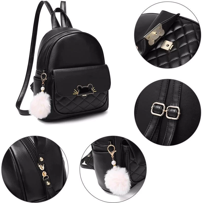 Beakey Mini Backpack For Women Cute Leather Small Bookbag With Cat Shaped Lock-Black 6 Beakey Mini Backpack For Women Cute Leather Small Bookbag With Cat Shaped Lock-Black - Image 4