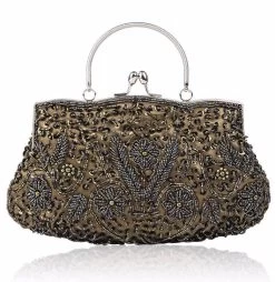Beakey Beaded Sequin Design Flower Evening Purse Large Clutch Bag-OreGreen