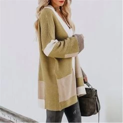 Womens Color Block Cardigan Open Front Sweaters Loose Knit Casual Coat-Khaki-AL6009 -Madam Clothing Store 73541a3f33075ffe56836e777331afc9