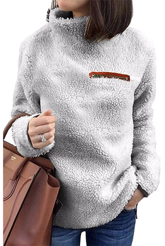 Beakey Womens Turtleneck Sweatshirt Winter Faux Fuzzy Sherpa Pullover-Light Gray