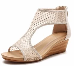 Beakey Womens Wedge Sandal Open Toe High Heel Zipper Sandal-Gold