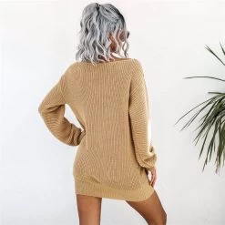 Beakey Womens Autumn Winter Off Shoulder Casual Loose Sweater Dress-Khaki -Madam Clothing Store 7594b7abb15ff3dec84a43f2c618cf68
