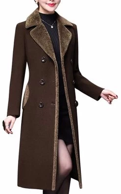 Beakey Womens Winter Wool Blend Long Coat Double Breasted Lapel Jacket-Deep Coffee