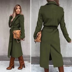 Beakey Womens Trench Coats Lapel With Tie Belt Fashion Winter Long Outwear-Army Green -Madam Clothing Store 78a4c54fc17c727e278da32a2ca63cbc