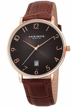 Akribos XXIV Unisex Classic Date Leather Croco Strap Watch - Brown