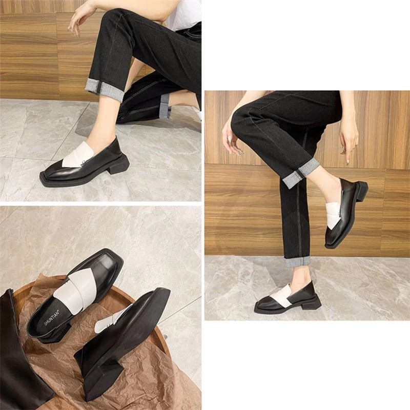 Beakey Womens Loafer Square Toe Chunky Heel Fashion Slip On Shoes-Black White 7 Beakey Womens Loafer Square Toe Chunky Heel Fashion Slip On Shoes-Black White - Image 5
