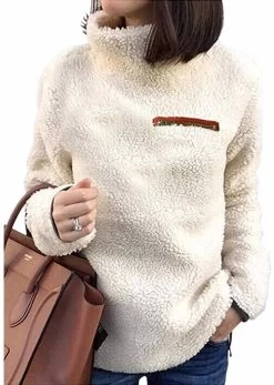 Beakey Womens Turtleneck Sweatshirt Winter Faux Fuzzy Sherpa Pullover-Light Apricot