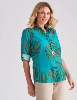 Noni B 3/4 Sleeve Print Linen Shirt Baltic -Madam Clothing Store 7b93fa500304ef477c6efa5bea514c28