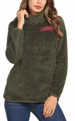 Beakey Womens Turtleneck Sweatshirt Winter Faux Fuzzy Sherpa Pullover-Army Green -Madam Clothing Store 7cb2bf3f84dd16b278bbc379de2d0eef