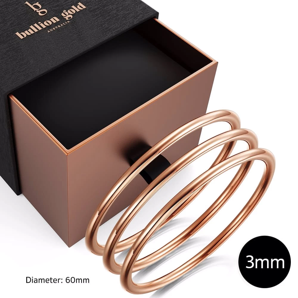 Bullion Gold Women's Boxed 3 Pcs Solid Golf Bangle 3mm Set In Rose Gold - 65 3 Bullion Gold Women's Boxed 3 Pcs Solid Golf Bangle 3mm Set In Rose Gold - 65