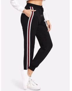 Womens Drawstring Waist Red And White Striped Side Jogger Sweatpants With Pocket-Black -Madam Clothing Store 7ec537c98e86d8d295ed3ec2e218c33f