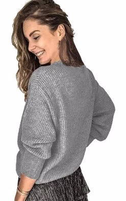 Beakey Womens Pullover Sweater Lace V Neck Long Sleeve Button Top-Grey -Madam Clothing Store 7fab1c30c80a6481c0333e75c240329d