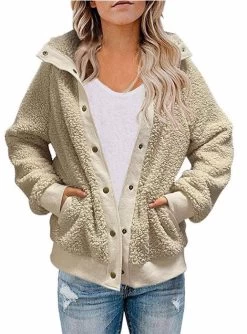 Womens Oversized Long Sleeve Button Sherpa Jacket Coat Pockets Warm Fleece-Apricot