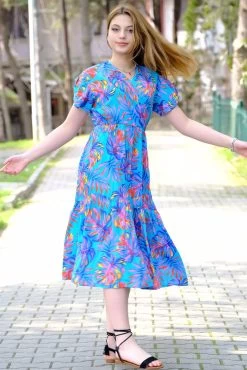 Avorwe Women's Floral Half-Sleeve Suprice Midi Dress - Turquoise -Madam Clothing Store 80ba033e f548 4ea2 90ae 9beeb596f354
