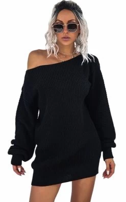Beakey Womens Autumn Winter Off Shoulder Casual Loose Sweater Dress-Black