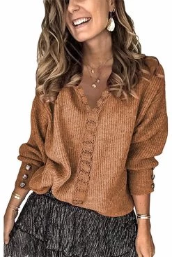 Beakey Womens Pullover Sweater Lace V Neck Long Sleeve Button Top-Brown