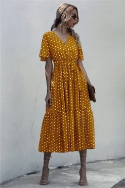 Anette Women's Floral Dress - Yellow & White Polka Dot