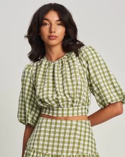 REUX Women's Genie Top - Olive And White Check