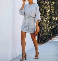 Milan Kiss Women's Back Detailed Zero Neck Belted Mini Dress Grey - Melange