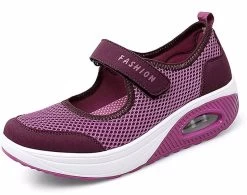 Beakey Women Casual Air Cushion Sneakers Velcro Mary Jane Shoes-Rose Red
