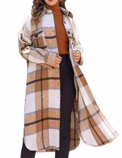 Beakey Womens Lapel Plaid Wool Blend Coat Long Jacket-Khaki