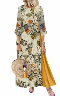 Beakey Womens Long Dress 3/4 Sleeve Flowy Floral Casual Dress For Summer-Yellow