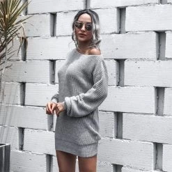 Beakey Womens Autumn Winter Off Shoulder Casual Loose Sweater Dress-Gray -Madam Clothing Store 901e141ecdaa552dd4528e1c7ac20684